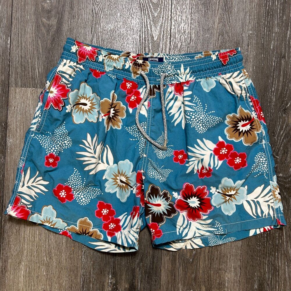Vilebrequin Trunks Hawaiian Floral Print Blue Mens Size XL Swim Drawstring Beach